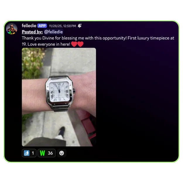 Discord screenshot showing Divine member success story